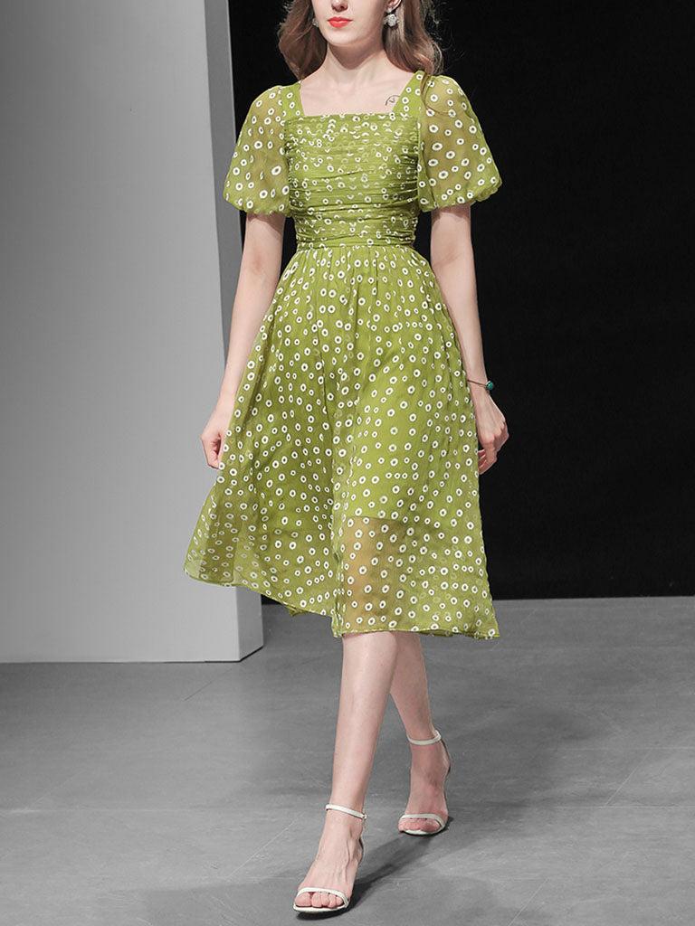 Green Daisy Puff Sleeve Smocking Chiffon 1950S Vintage Dress