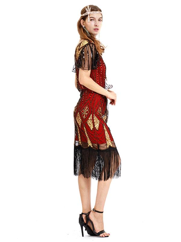 Red Gold 1920s V Neck Sequined Flapper Dress