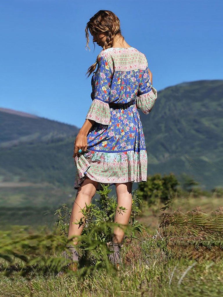 Summer Boho Dress Floral Printed V Neck Beach Maxi Dress