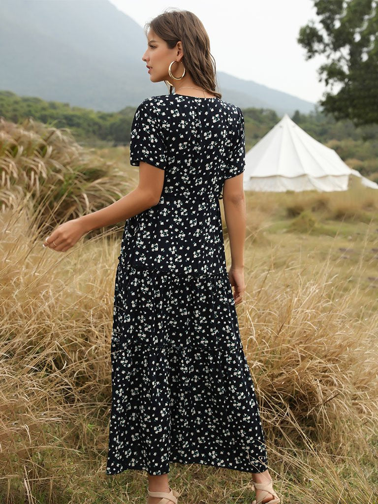 Boho Dress Floral Printed Ruffle Deep V Neck  Maxi Dress