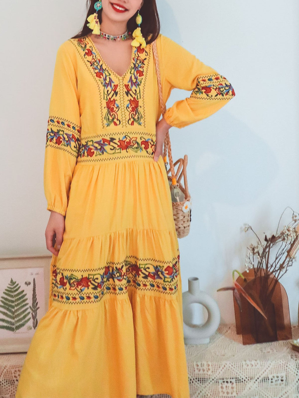 Jolly Vintage Embroidered Floral V Neck Long Sleeves Boho Maxi Cotton Dress
