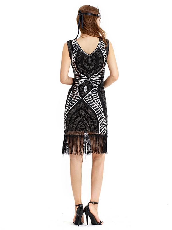 Black Gold 1920s V Neck Sequined Fringed Flapper Dress