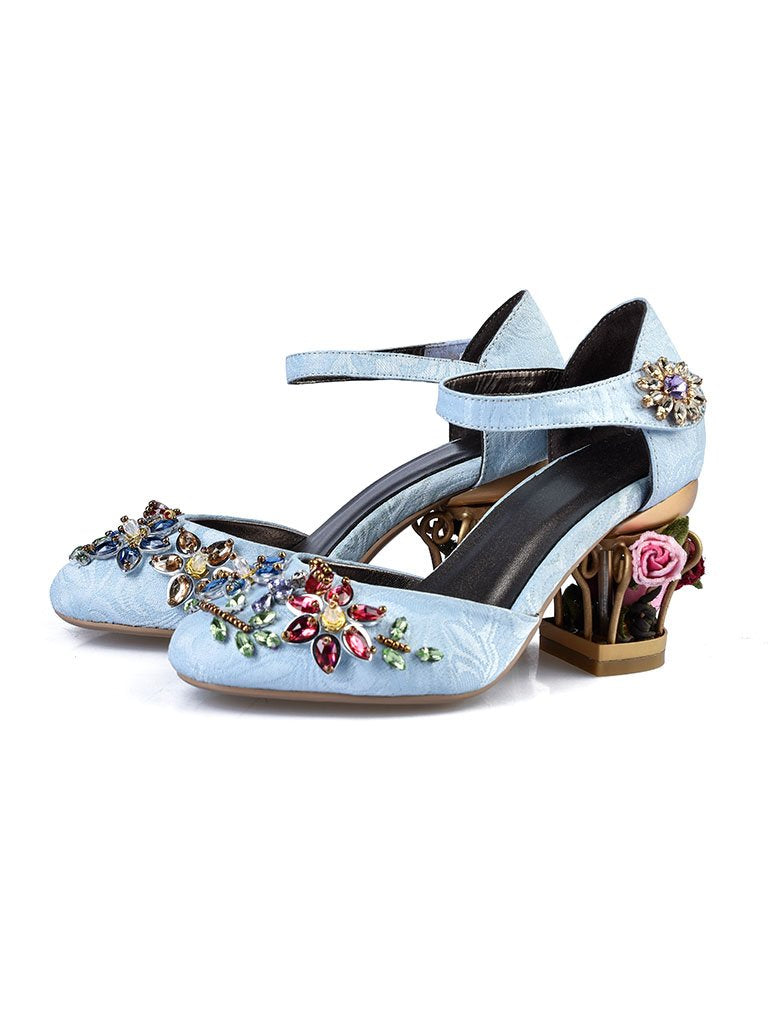 Luxury Womens Sheepskin Pointed Toe Flowers Rhinestones Mary Jane Vintage Pumps
