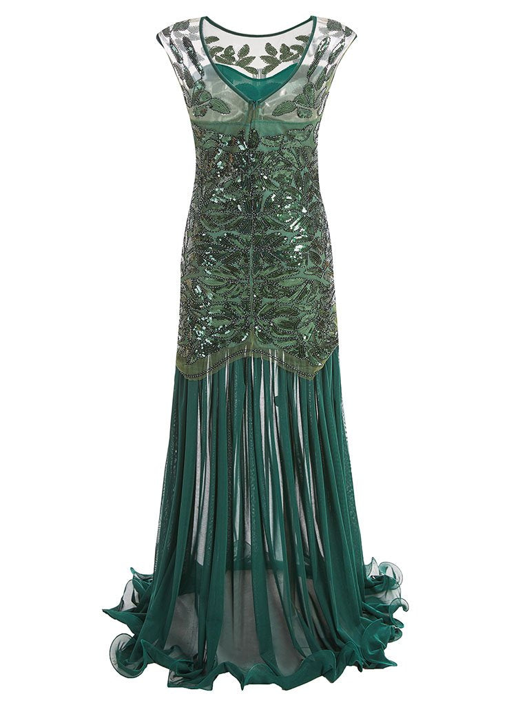 Green 1920s Maxi Sequined Flapper Dress Set