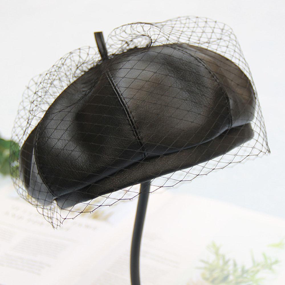 Black Faux Leather Beret Hat Cap