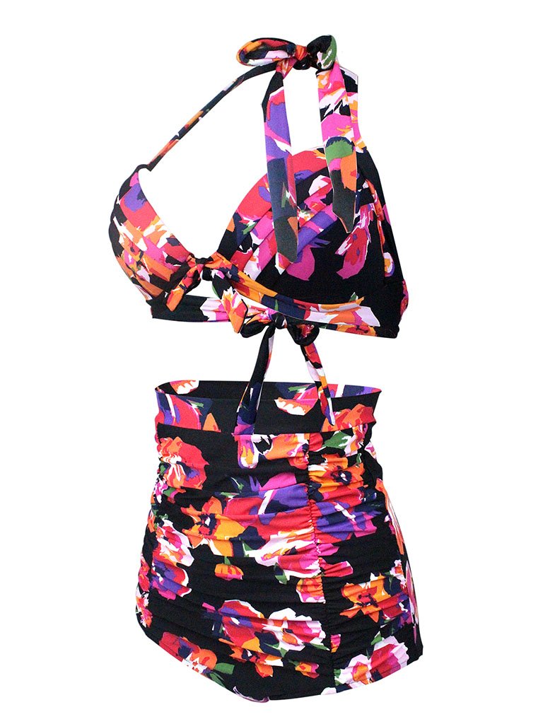 Floral Print Halter Backless Retro Style Binikis Swimwear Bathing Suit