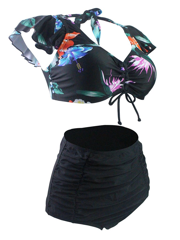 Black Floral 3D Print V Neck Retro Style Bikinis Swimsuits Bathing Suit