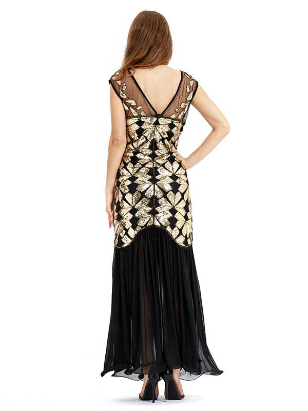 Black Gold 1920s Crew Neck Sequined Flapper Dres