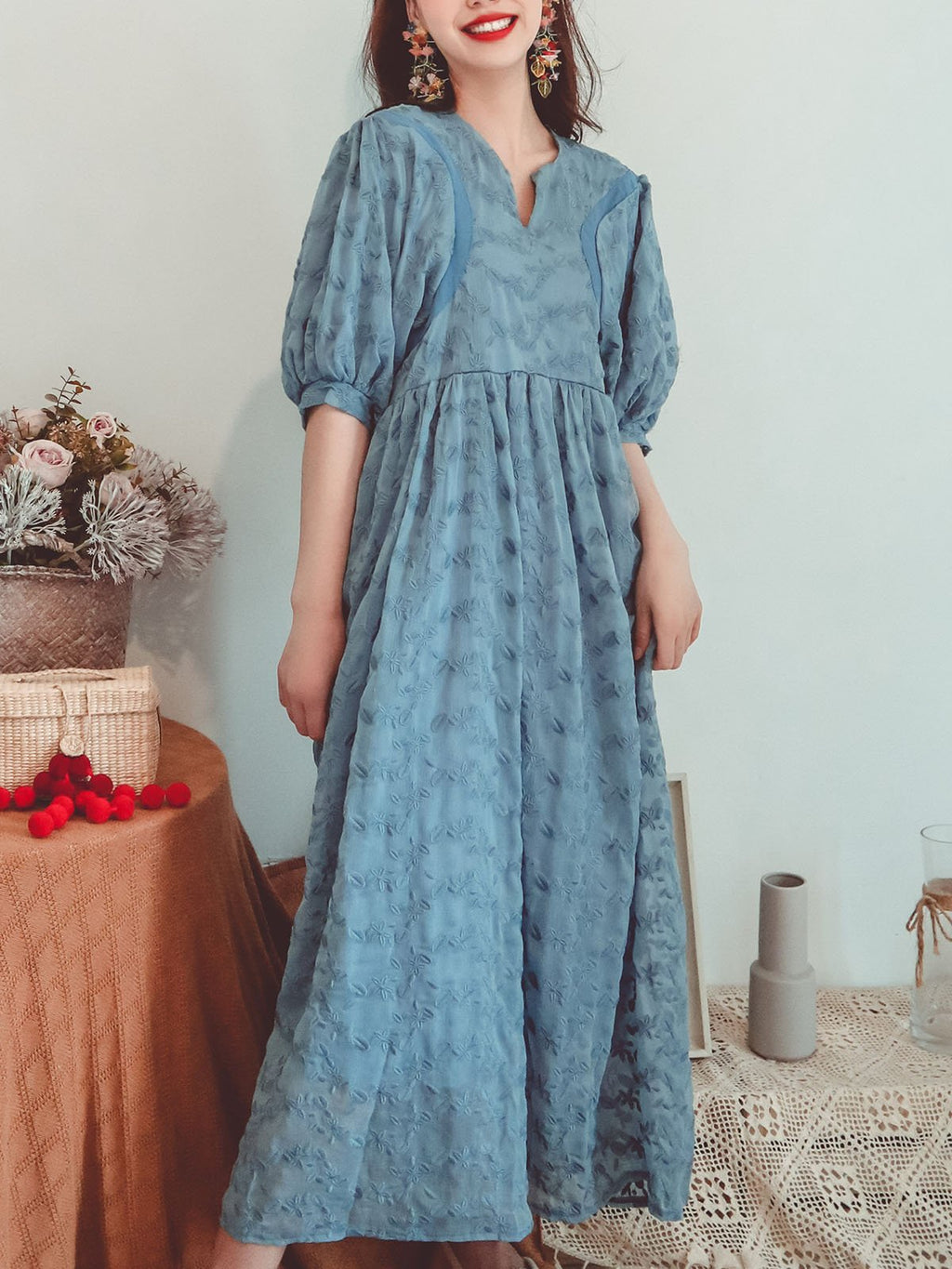 Embroidered Floral Lace Solid Backgrand V Neck Half Sleeve Maxi Boho Dress