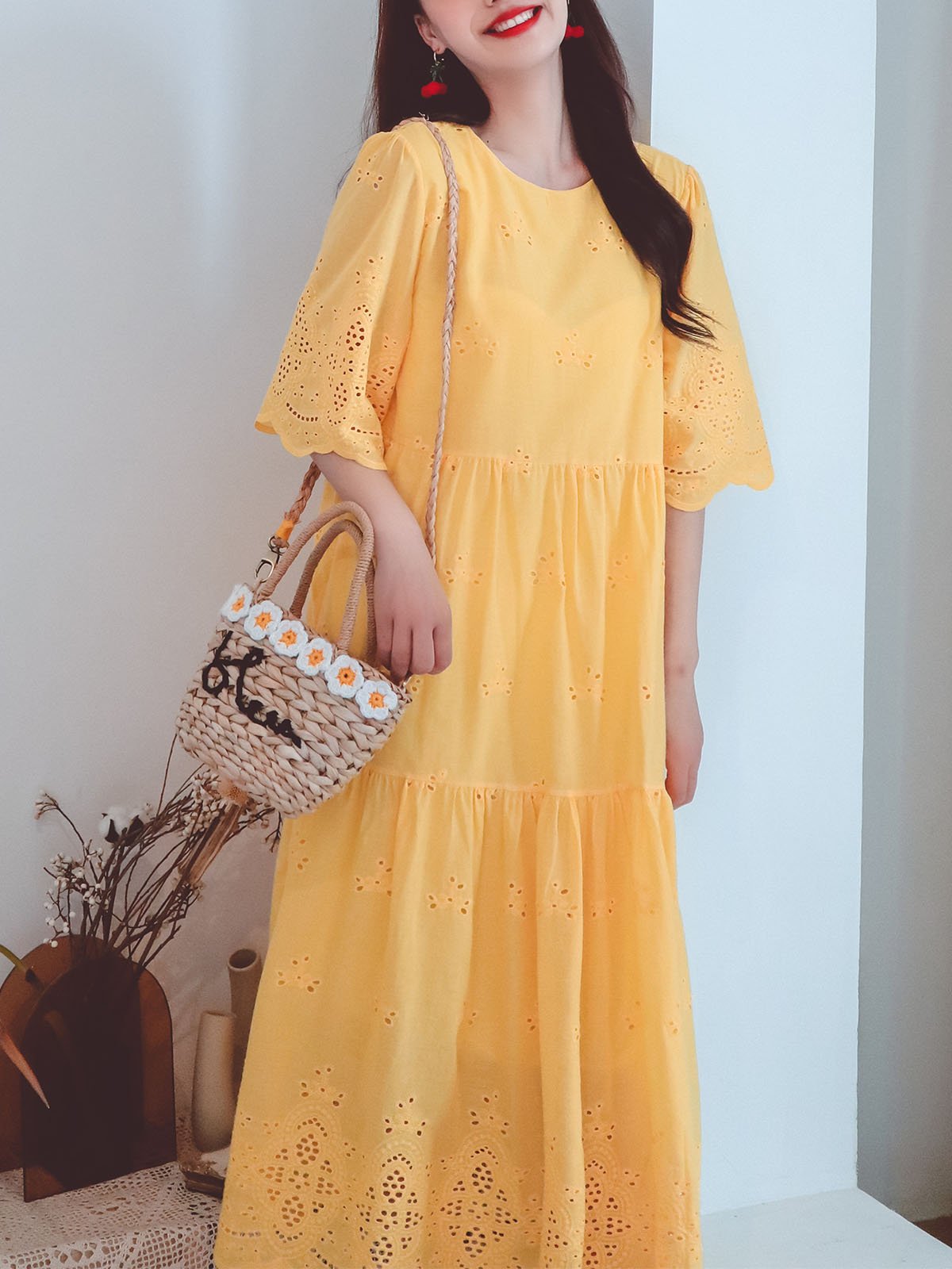 Jolly Vintage Embroidered Solid Backgrand Half Sleeves Boho Midi Dress