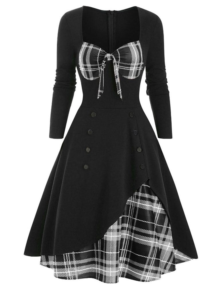 1950S Bow Heart Collar Plaid Long Sleeve Swing Dress