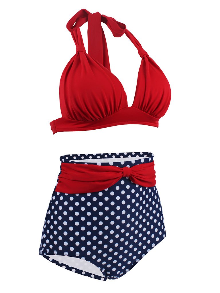 Concise Backless Retro Style Solid Red Two Pieces Bikini Bathing Suit
