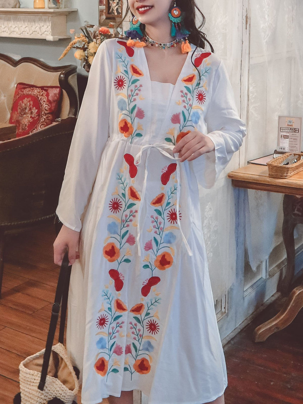Jolly Vintage Embroidered Floral Long Sleeves Square Neck Boho Dress