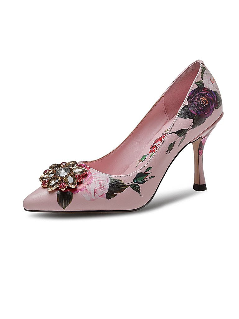 Rose Print Rhinestone Stiletto Heel Vintage Shoes