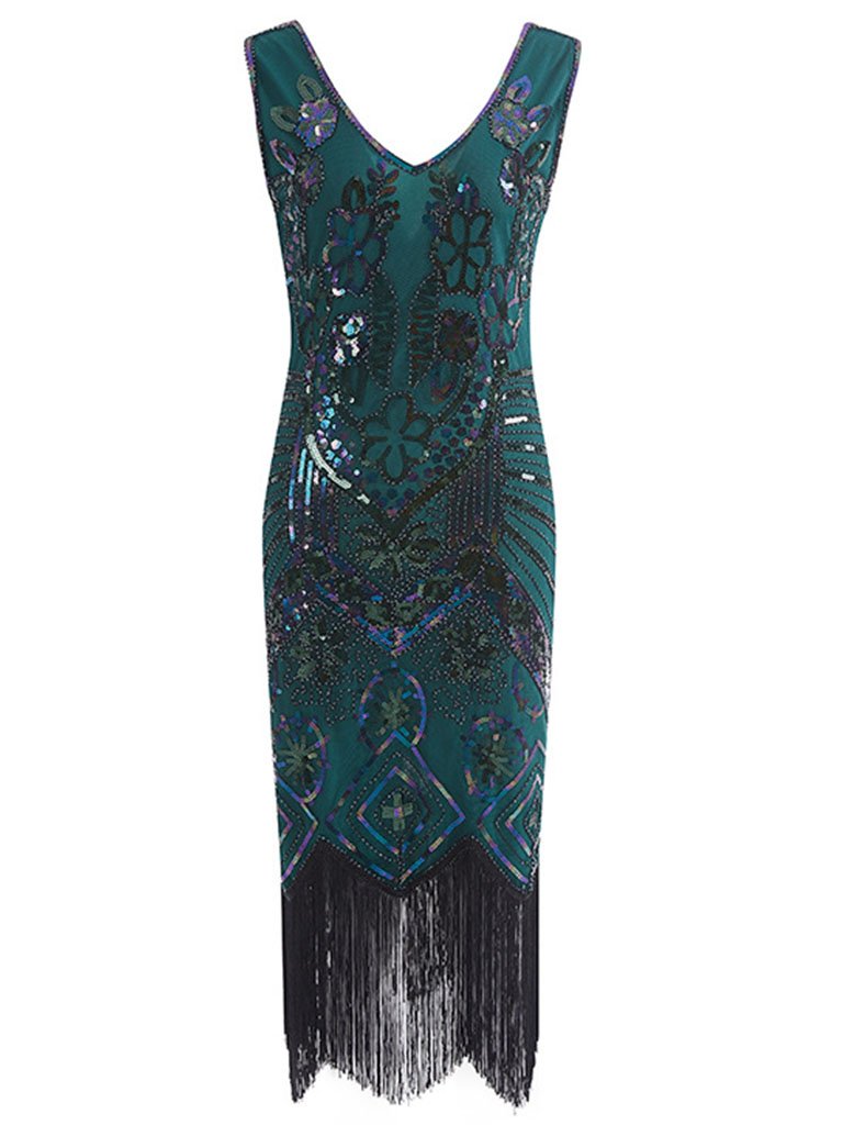 1920S Floral Fringed Sequin Gatsby Dress