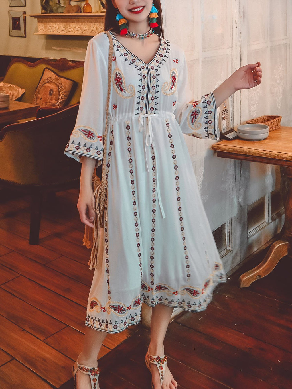Bohemian Floral Embroidered V Neck 3/4 Flared Sleeves Boho Dress