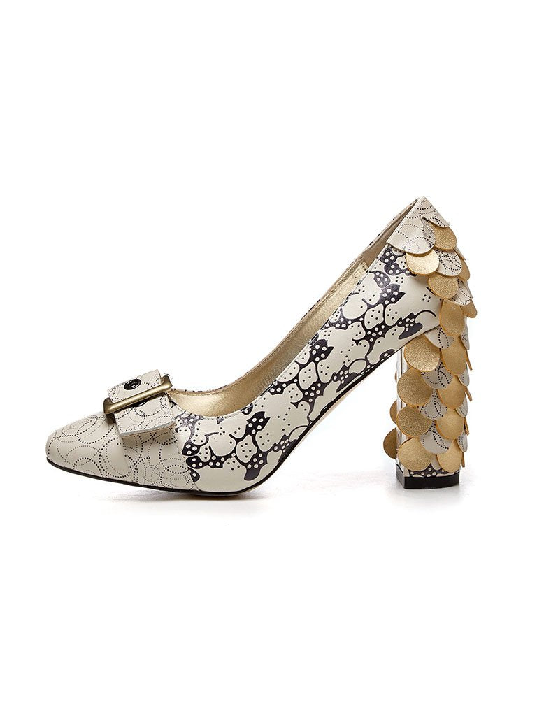 Stone Patten Petal Chunky Heel  Vintage Shoes