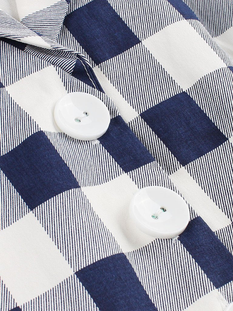 Blue White 1950s Pockets Plaid Dress