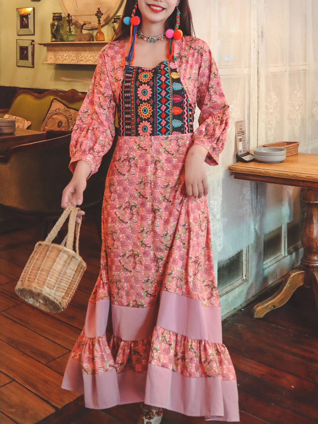 Bohemian Floral Printed Embroidered Square Neck 3/4 Pleated Sleeve Boho Maxi Dress
