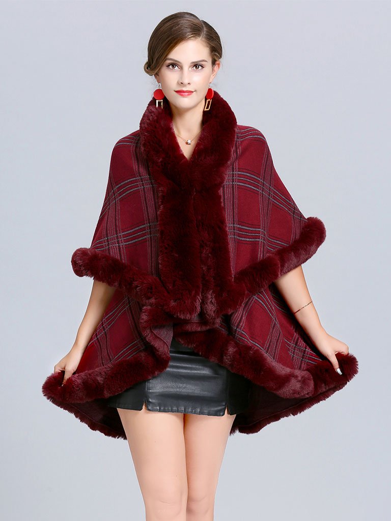 Poncho Wrap Faux Fur Collar Double Layer