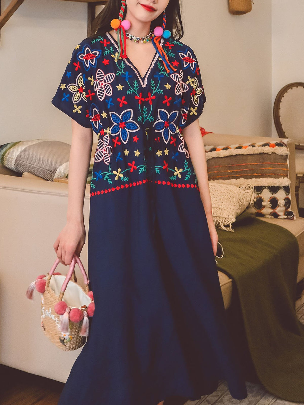Jolly Vintage Bohemian V Neck Embroidered Floral Short Sleeve Boho Dress