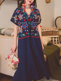 Jolly Vintage Bohemian V Neck Embroidered Floral Short Sleeve Boho Dress