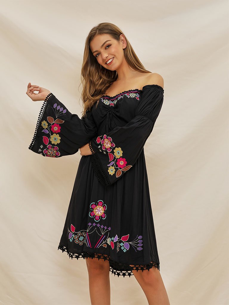 Boho Dress Black Off Shoulder Floral Embroidered Dress