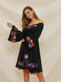 Boho Dress Black Off Shoulder Floral Embroidered Dress