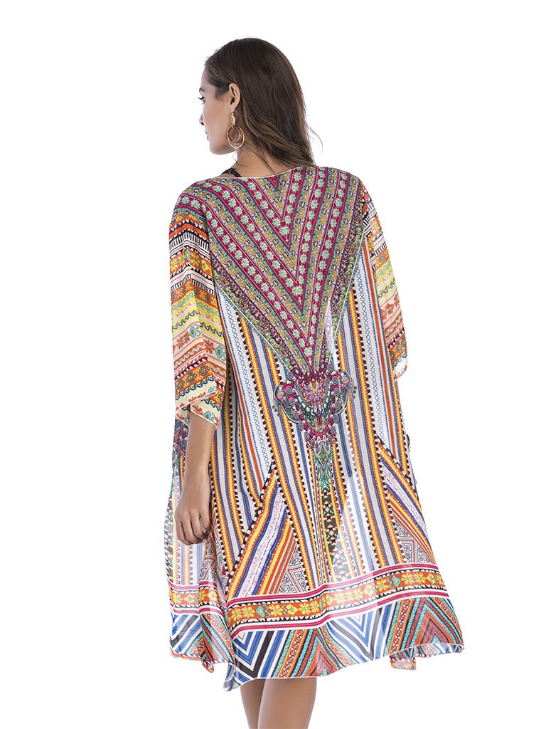 National Printed Long Kimono Cardigan Beach Tops Cover Ups