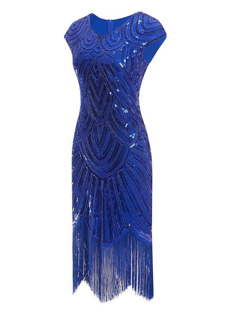 1920s Champagne Fringed Sequined Flapper 1920s Great Gatsby Dress