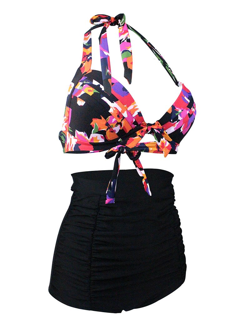 Floral Print Halter Backless Retro Style Binikis High Wasited Swimwear Bathing Suit
