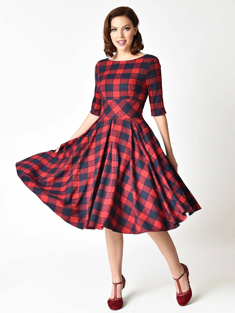 Elegent Low Back Crewneck Sleeveless Plaid Vintage Dress
