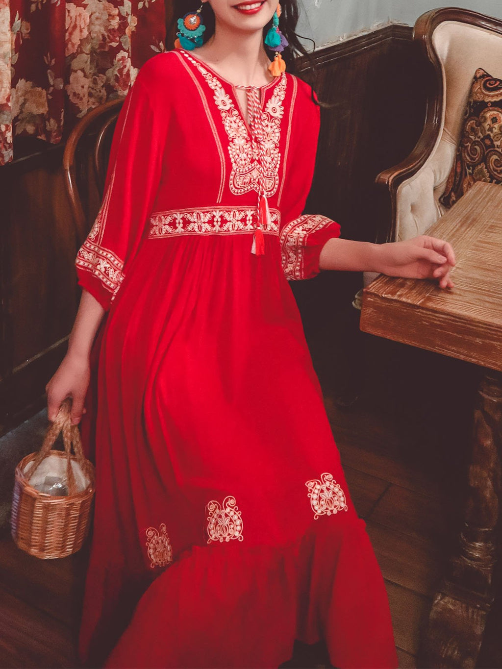 Jolly Vintage 2 Pieces Bohemian Hooded Embroidered Floral 3/4 Sleeve Boho Dress