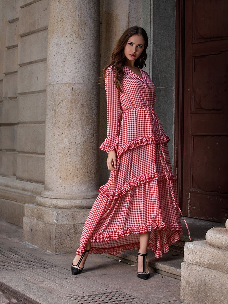 Boho Dress Red Plaid Splid Ruffles Peplum Maxi Dress Cake Dress