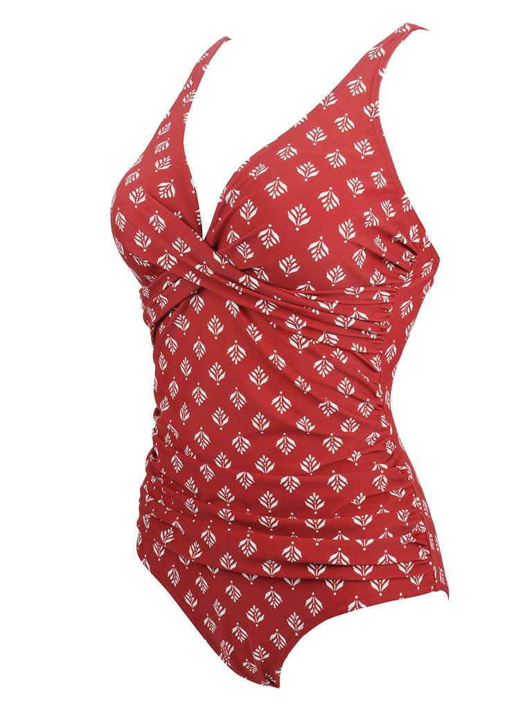 Printed Red Background Retro Style One Piece Backless Trigonal Bikini Set