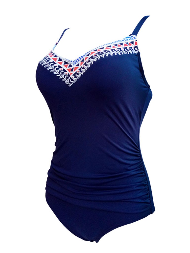 Blue 3D Print Strap Backless Retro Style One Piece Swimwear Bathing Suit
