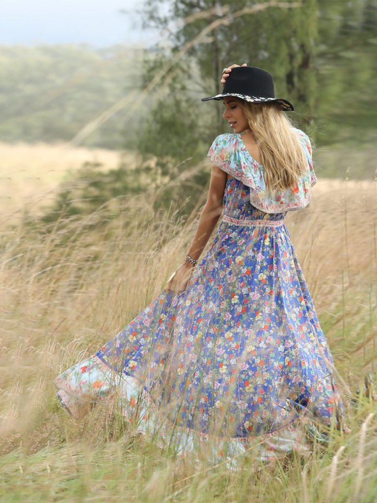 Summer Boho Dress Floral Printed V Elastic Band Collar Beach Maxi Dress