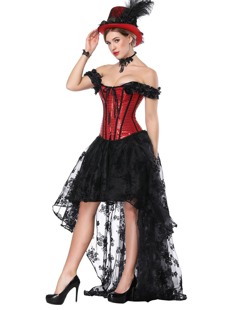 Gothic Costume Halloween Red Strapless Asymmetrical Skirt And Corset