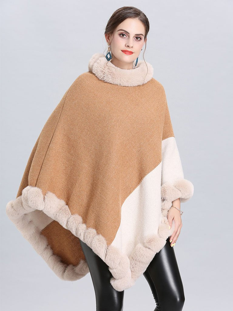 Faux Fur Coat Wool Cape Coat Hooded Long Sleeve Overcoat
