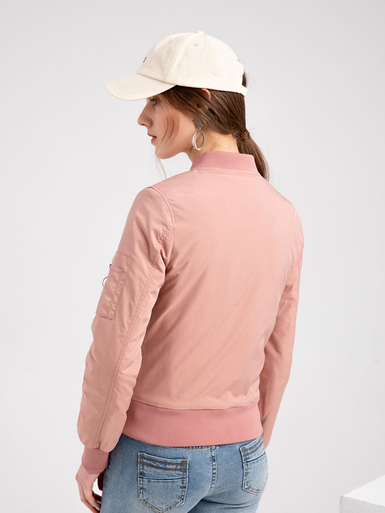 Pilot Style Jacket Daily Zippered Fall Winter Casual Solid Color Stand Collar Sporty Jacket