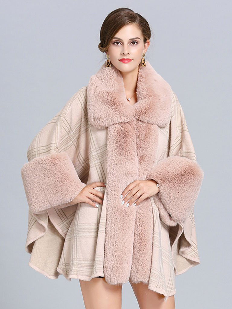 Plaid Poncho Sweater Faux Fur Coat Shawl Collar