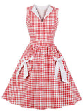 1950s V Neck Red Plaid Vintage Dress