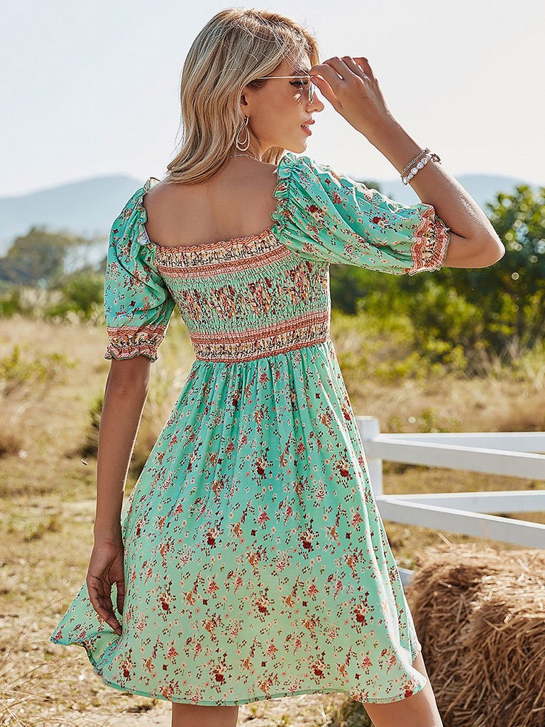 Green Floral Boho Dress Short Ruffle Sleeve Square Neck Beach Dress