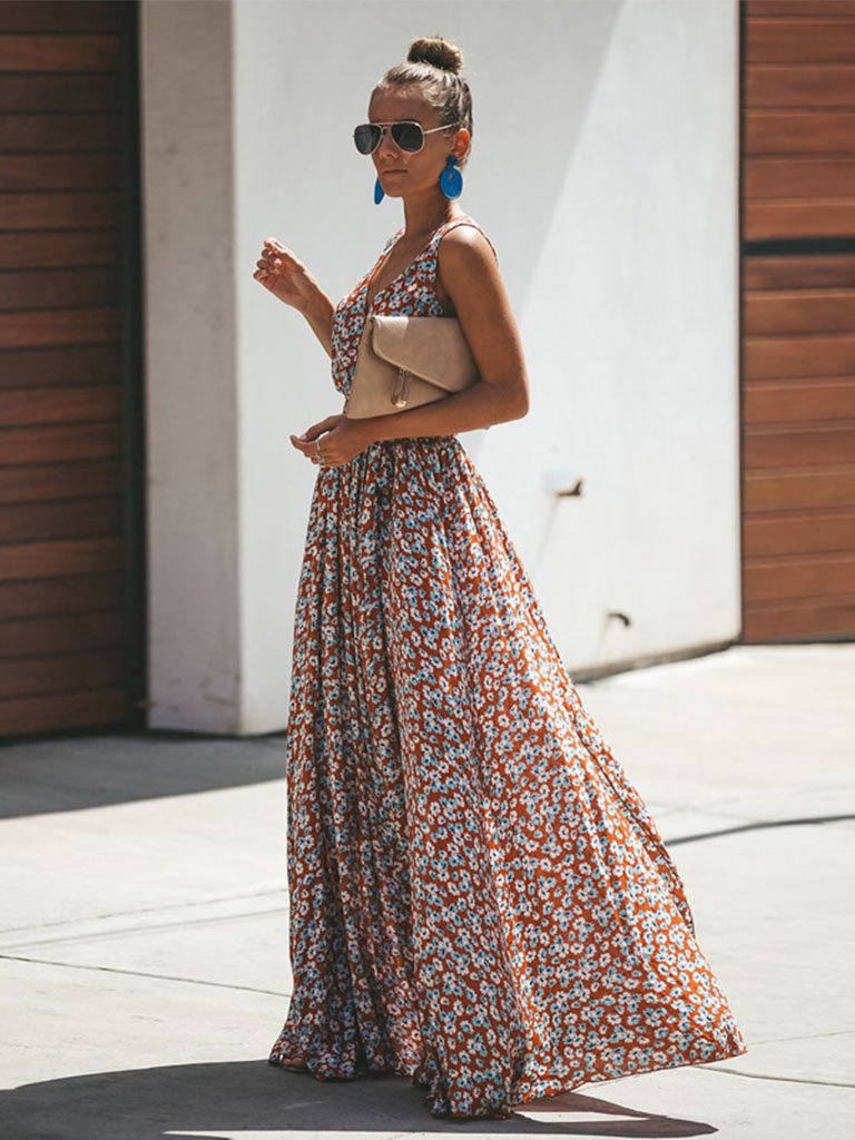 Boho Dress Floral Printed V Neck Summer Maxi Dresses Sleeveless