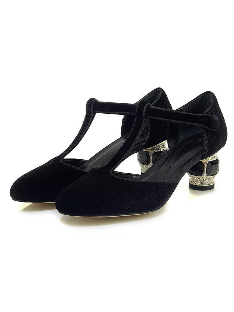 Velvet Rhinestone Chunky Heel  Vintage Shoes