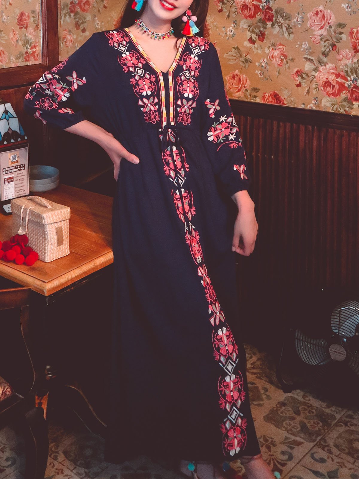 Bohemian Embroidered Floral V Neck Long Sleeve Cotton Boho Maxi Dress