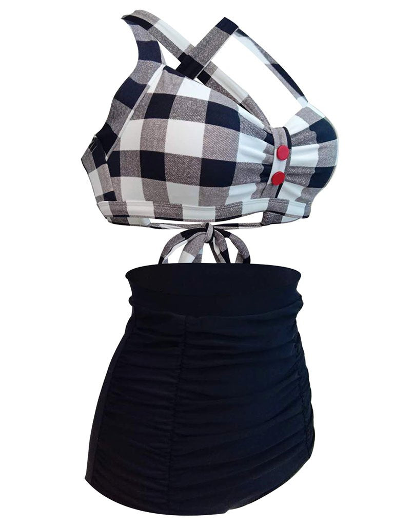 High Waisted Retro Style Backless Solid Black Two Pieces Bikini Sets