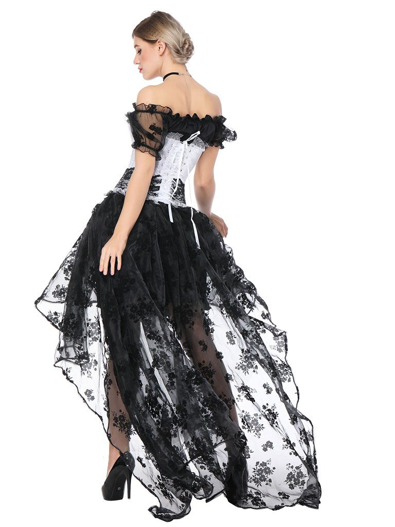 Gothic Costume Halloween Black Lace Short Sleeve Top Corset And Asymmetrical Skirt