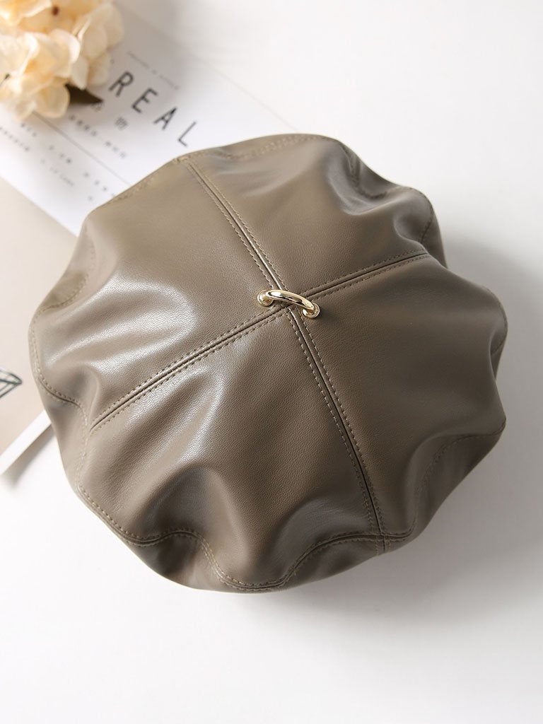 Faux Leather Beret Beanie Hat Cap