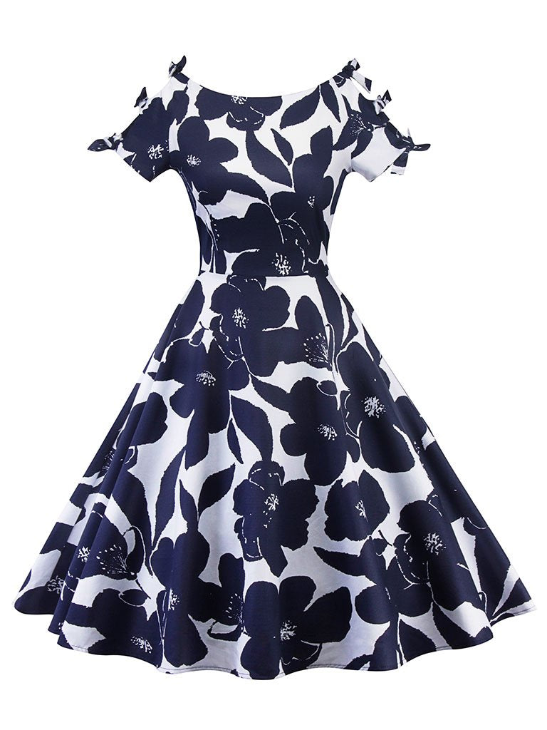 Floral Print Cut Out Bows Short Sleeve A Line Vintage Dress
